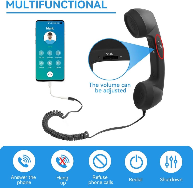 Beufee Telephone Handset for Cellphone, Retro Phone Handset with 3.5mm Jack Mobile Phone Receiver Old Telephone Headset Handheld Receiver for Cell Phone(Black) - Image 3